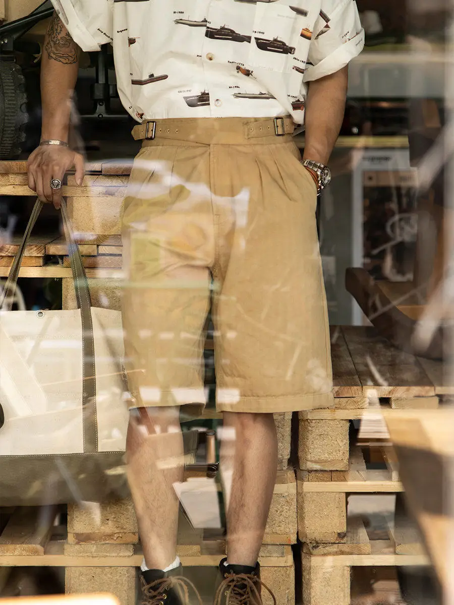 American Retro Workwear Khaki Shorts Loose Casual Men's mid High Waist Five-Point Summer Cotton Straight Leg Trousers