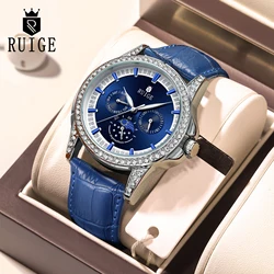 RUIGE Men's Fashion Multifunctional Watch Men's Quartz Famous Watch Genuine Leather Waterproof Blue Watch