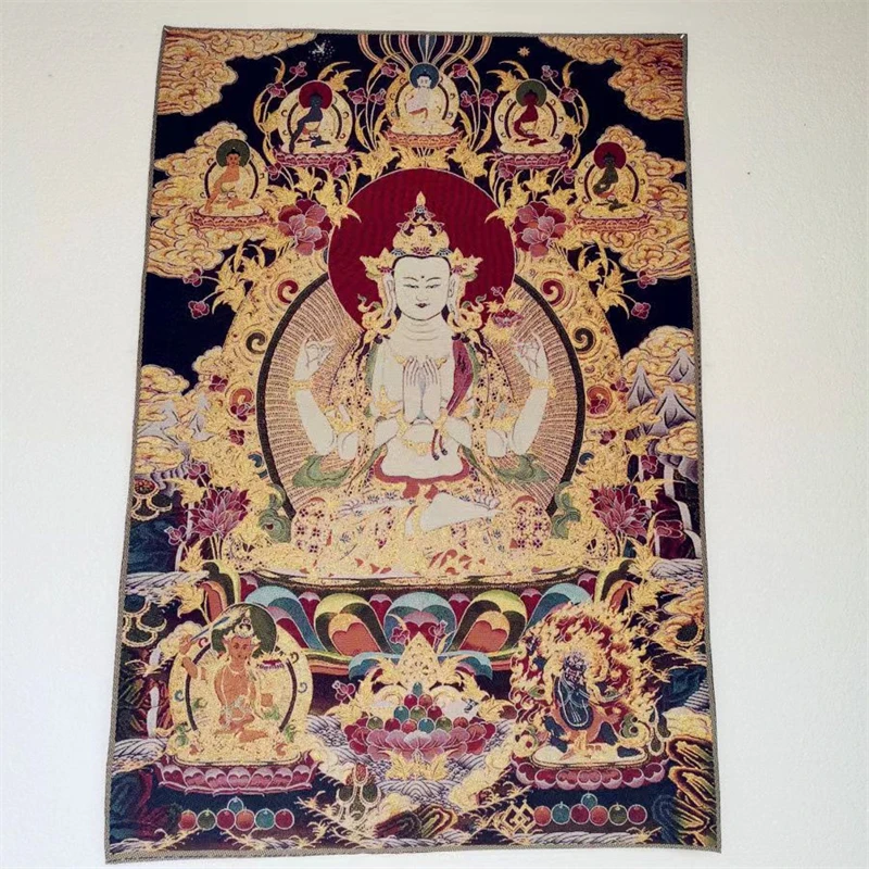 Thang-ga  , embroidered brocade painting,  Four arm Avalokitesvara, exquisite home decoration, auspicious Thangka