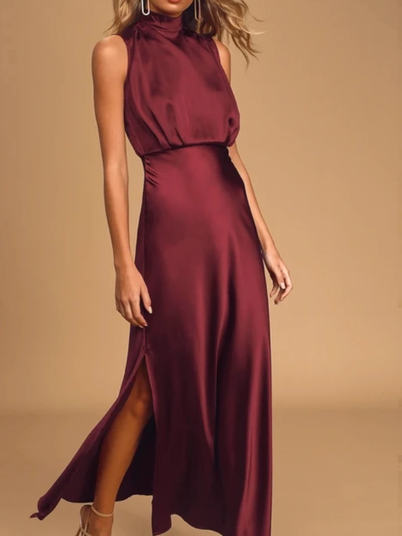 

Elegant Smooth Fabric Long Dress Slit High Waist Zipper Style Versatile Personality Spring New Arrival for Various Occasions