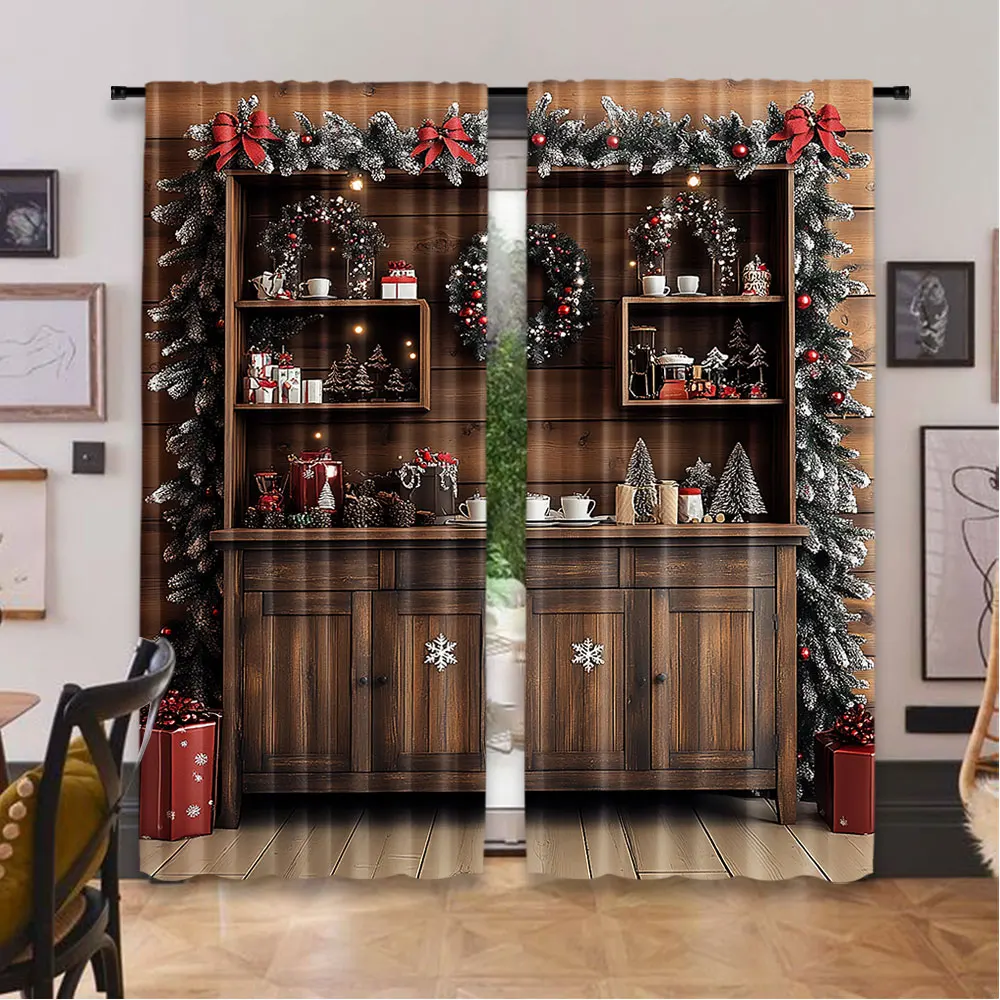 2Pcs Christmas Curtains Kitchen Retro Wood Wall Cooking House Pine Tree Xmas Suitable For Bedroom Living Room Dining Room