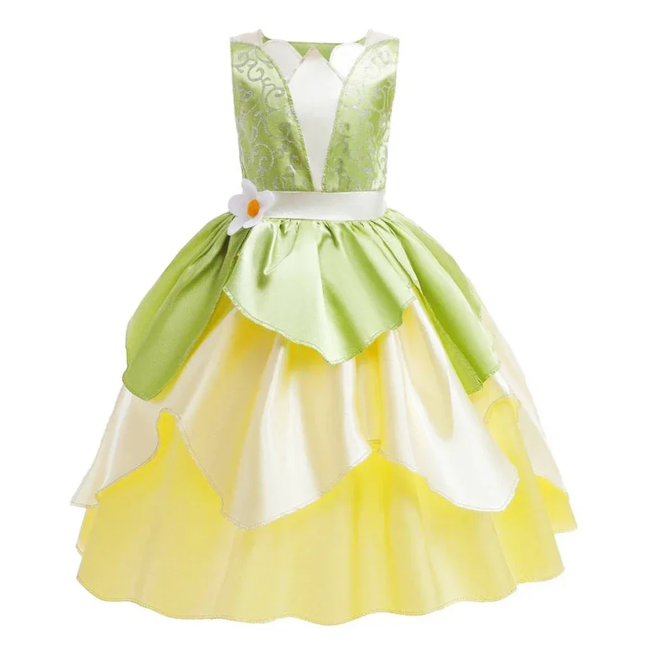 2024 Dressy Tiana Princess Outfit Dress for Toddler Girls Fairy Tale Princess and the Frog Costume Chidlren Halloween Party Gown