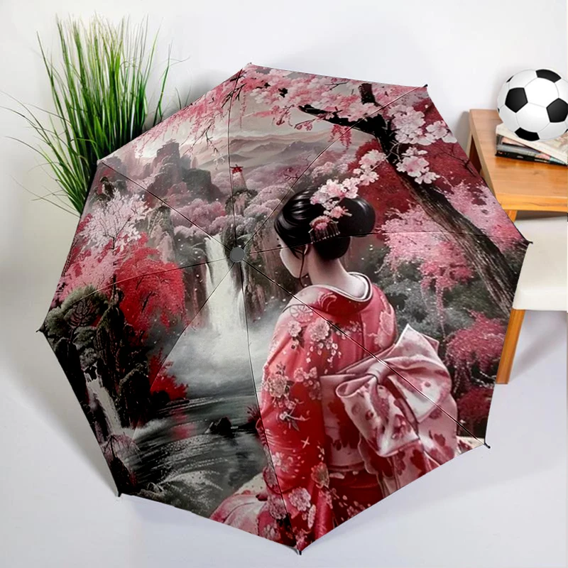 Japanese Sakura Geisha Umbrella Automatic Open/close, Sturdy Iron Frame & 8-Rib Struct, Umbrella for Women & Men, Christmas Gift