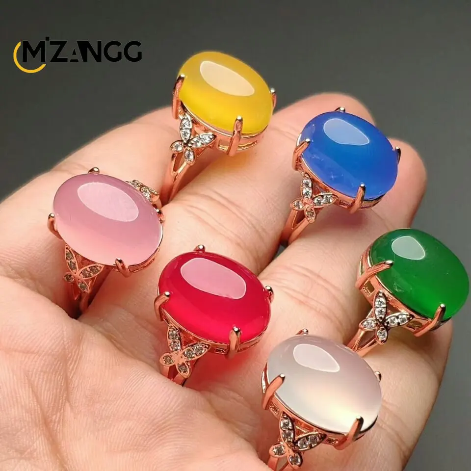 S925 Silver Inlaid Agate Ring Opening Adjustable Natural Green Chalcedony Hand-carved Ring Fashion Boutique Jewelry Women Ring