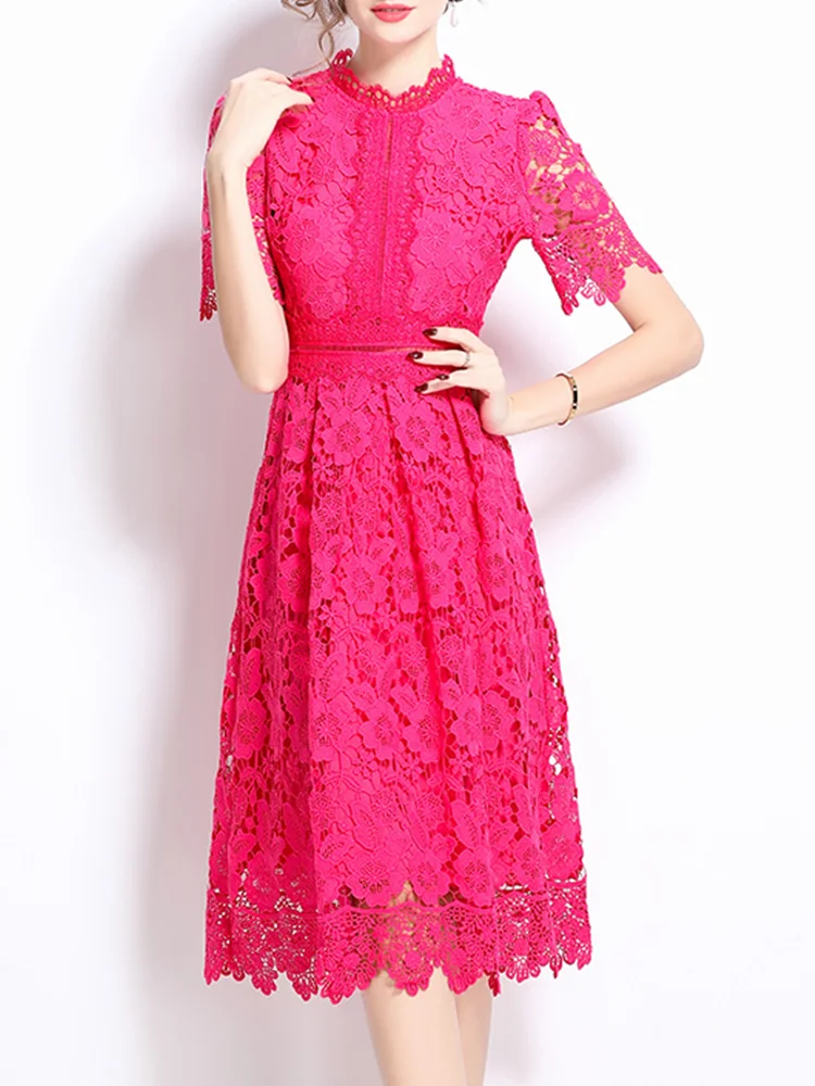 

SMTHAM Elegant Dress Embroidery Flower Lace High Waist Hollow Out Women's Evening Party Dresses 2025 Summer New Fashion