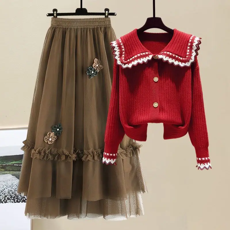 Women's Clothes Spring Autumn Outfits 2023 New Age Reducing Knitted Cardigan Sweater High Waist Mesh Half Skirt Two Piece Set