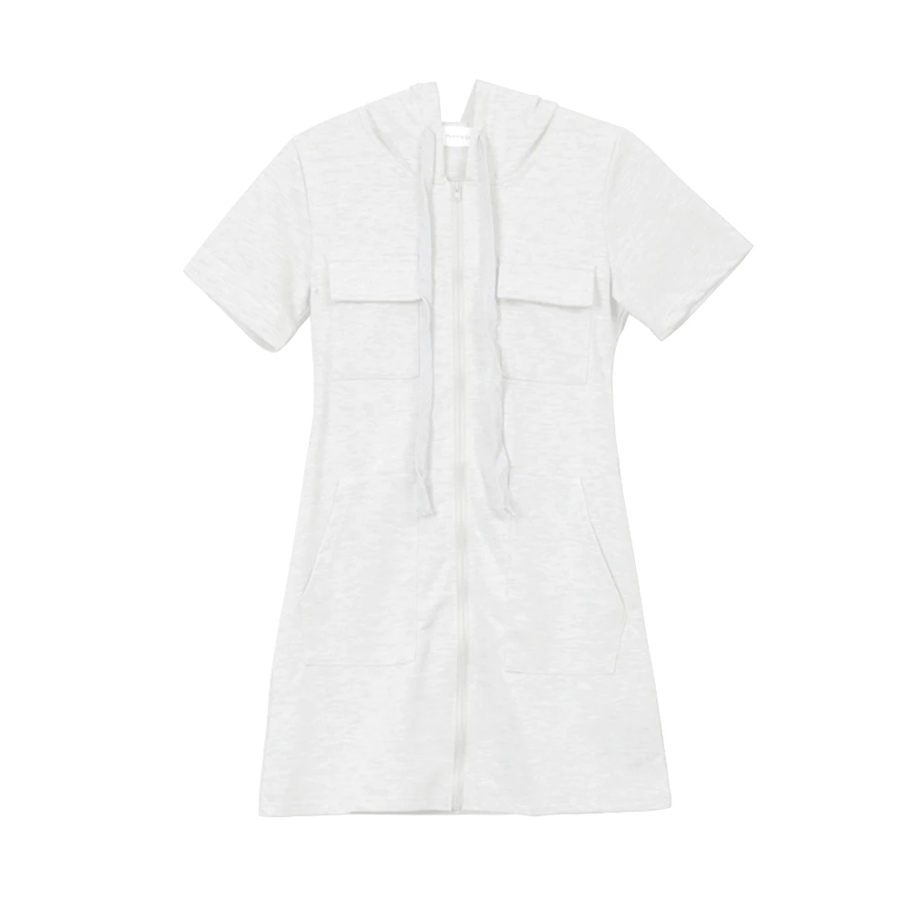 Mini robe à capuche en coton pour femme, manches courtes, style sportif, mouche zippée sur le devant, poches Wstring, coupe couvertes, décontracté