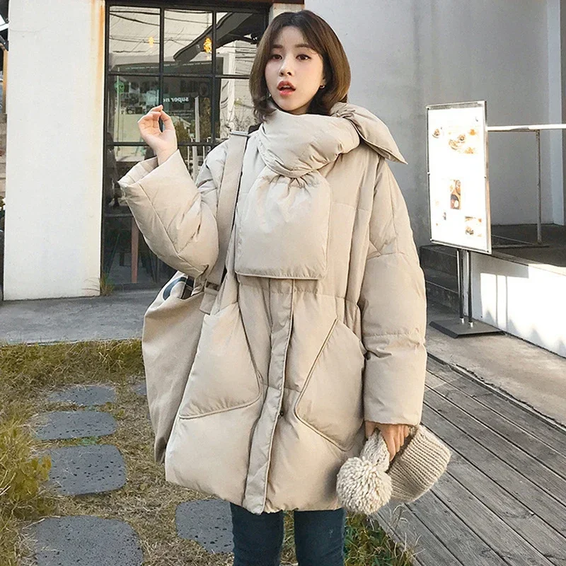 Women White Duck Down Coat 2024 Winter New Fashion Female Scarf OverSize Jackets Round Neck Loose Thicken Parkas Warm Outwear