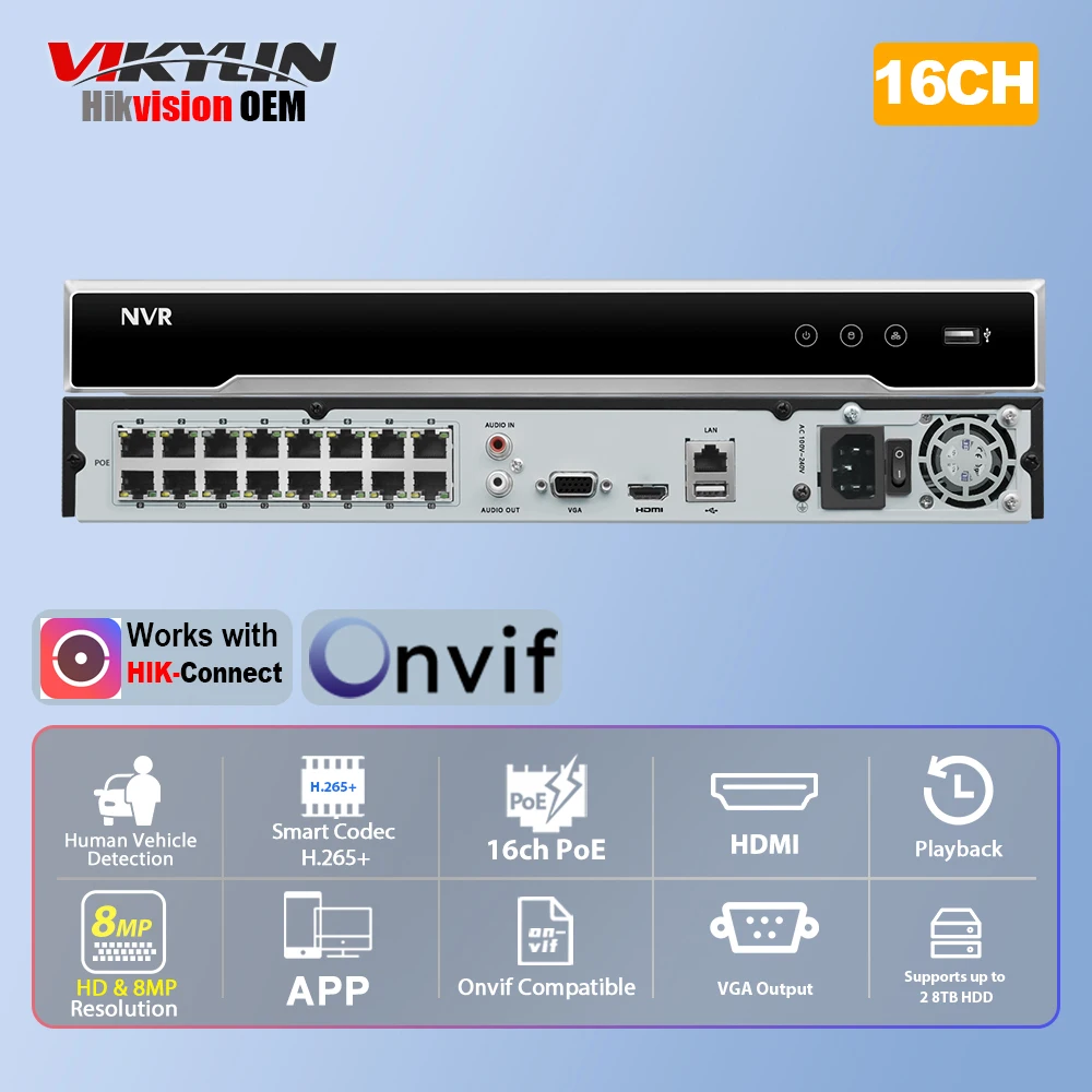 

VIKYLIN Hikvision DS-7616NI-Q2/16P OEM 4K NVR 16 channels Video Recorder Home Surveillance CCTV For POE IP camera Onvif 2 SATA