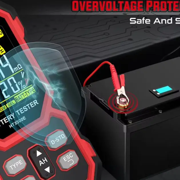 HT3500E Battery Capacity Tester for 12V 24V Automotive Batteries with Digital LCD Display and Charging Status Check