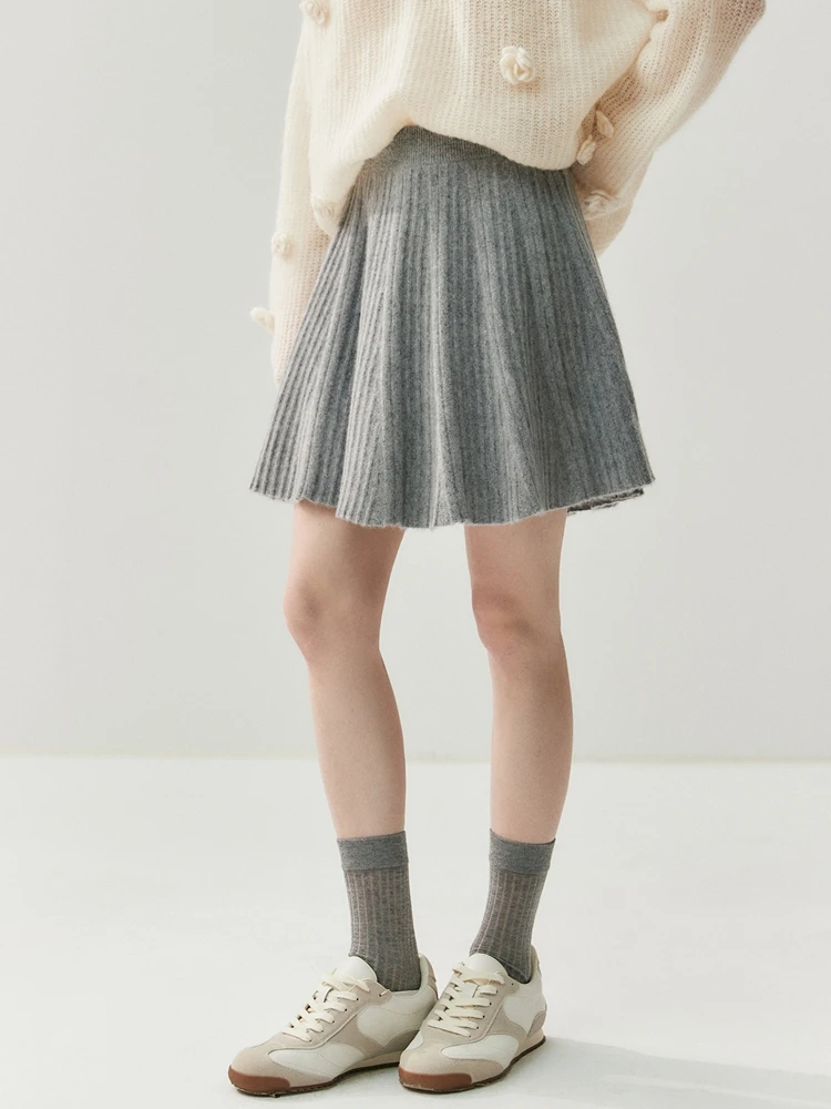 

Chic Women's Pleated Skirt 100% Merino Wool Sweater Knit Short Skirt Mini Skirts Autumn Winter Umbrella Wave Skirt Sweet Dress