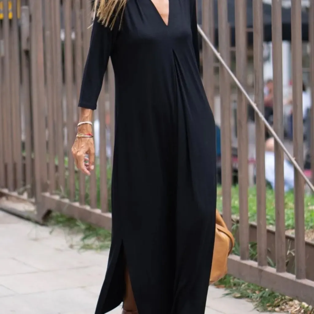 Women's V-neck Knitted Long Split Dress Solid Color European American Fashion Seven-point Sleeve Maxi Dress