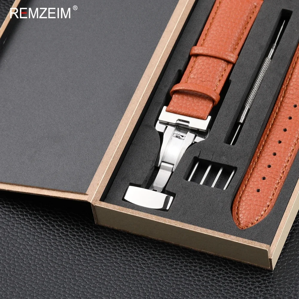 Litchi Pattern Design Leather Wrist Band 18mm 20mm 22mm Men Women Strap with Butterfly Buckle Gift Box Packaging Watchband image 3