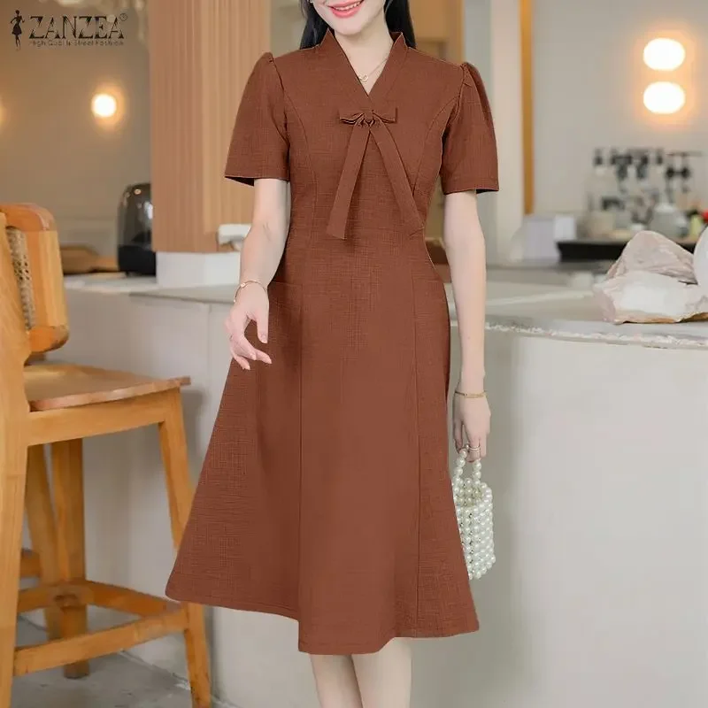 ZANZEA-vestidos elegantes de oficina para mujer, Vestido de fiesta con cuello de pico, Vestido liso de trabajo hasta la rodilla, Vestido de manga corta 2026
