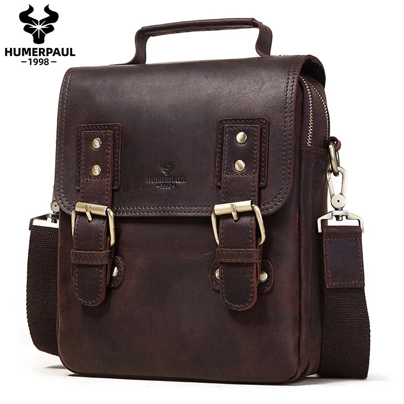 Retro-style lock flap travel single-shoulder backpack, leather leather large-capacity vertical square men's crossbody bag