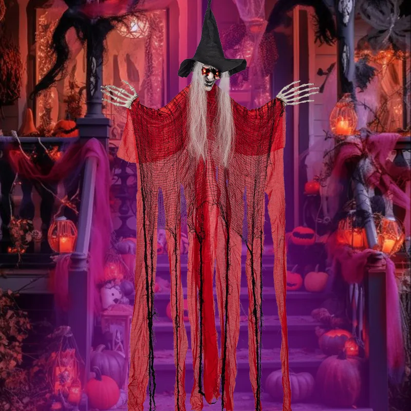 1PC Halloween Red Witch Hanging Ghost Halloween Decor Sound Control Glowing Eyes Haunted House Bar Porch Horror Decoration