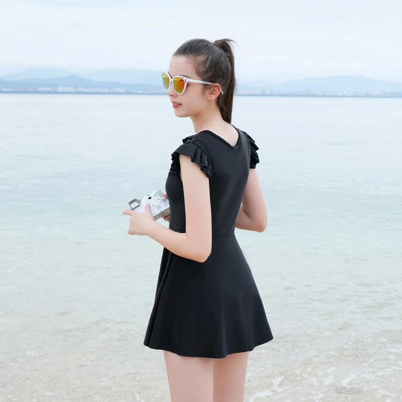 Kids Girl Swimsuit One Piece Suit Dress Black Solid ruffled 9-16 Years Teenager Girls Children Kids Swimwear Beach Wear 2023 New