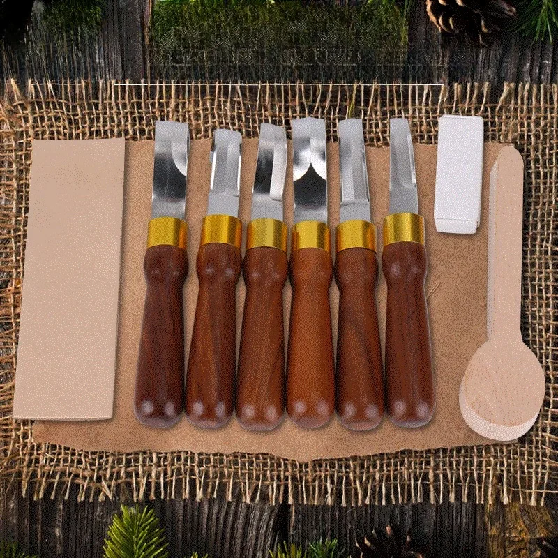 Stainless Steel Carving Knife Set Easy To Carry Black Walnut Handle Spoon Knife Set DIY Woodworking Knife Shovel Chisel Tool