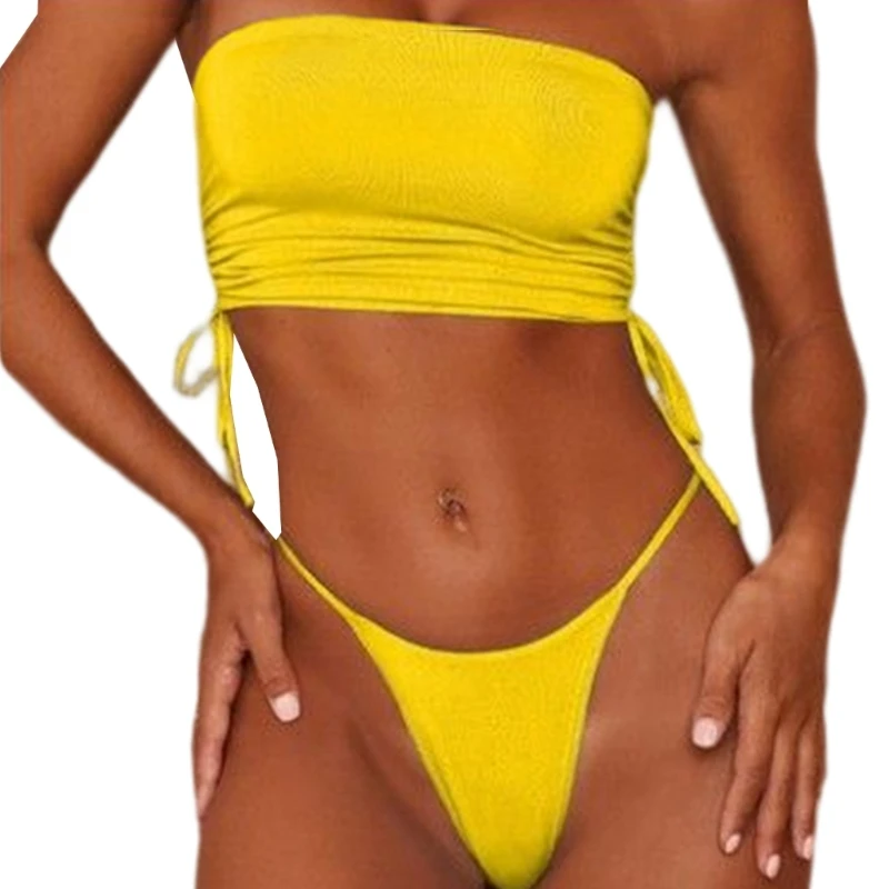 

Женские Купальники-бандо E8BF из 2 предметов, нежный бразильский комплект бикини с высоким вырезом, купальный костюм с кулиской без бретелек, бикини, купальник