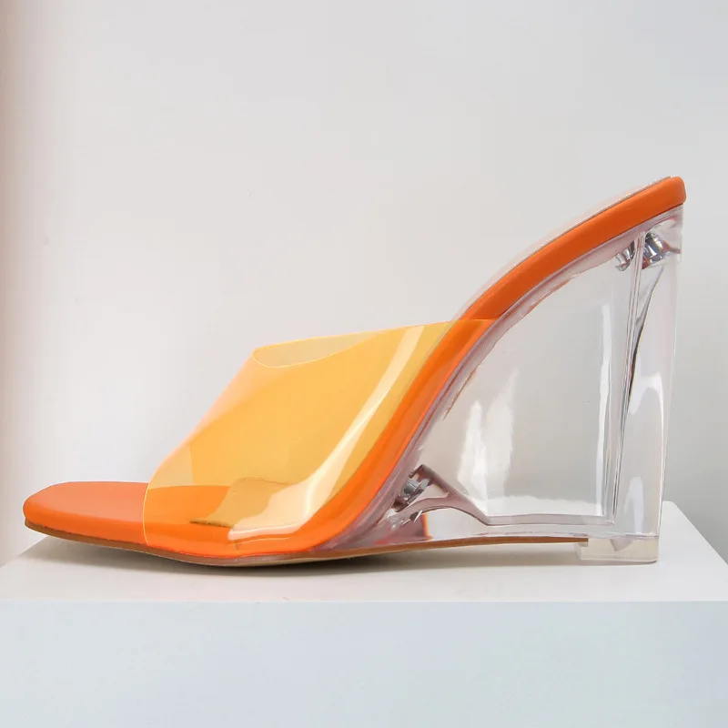 High Heels Big Size Ladies Slides Summer Crystal Sandals 2022 Wedges Slippers Heels Fashion Transparent Shoes for Women Pumps