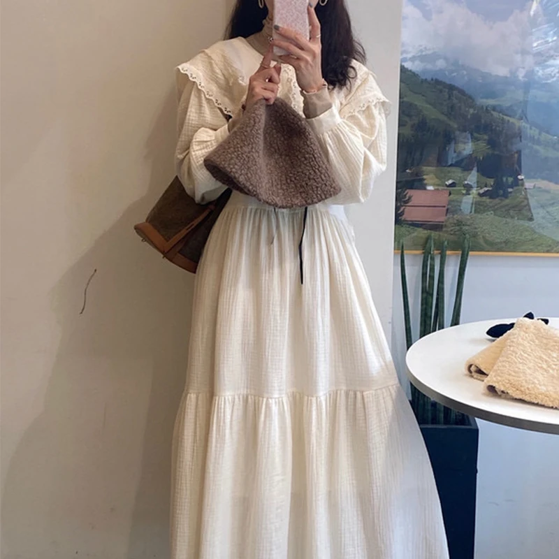 

Long Sleeve Spring High Waist Dress Party Dresses Women A-Line Luxury 2022 Woman Autumn Lace Peter Pan Collar Solid White