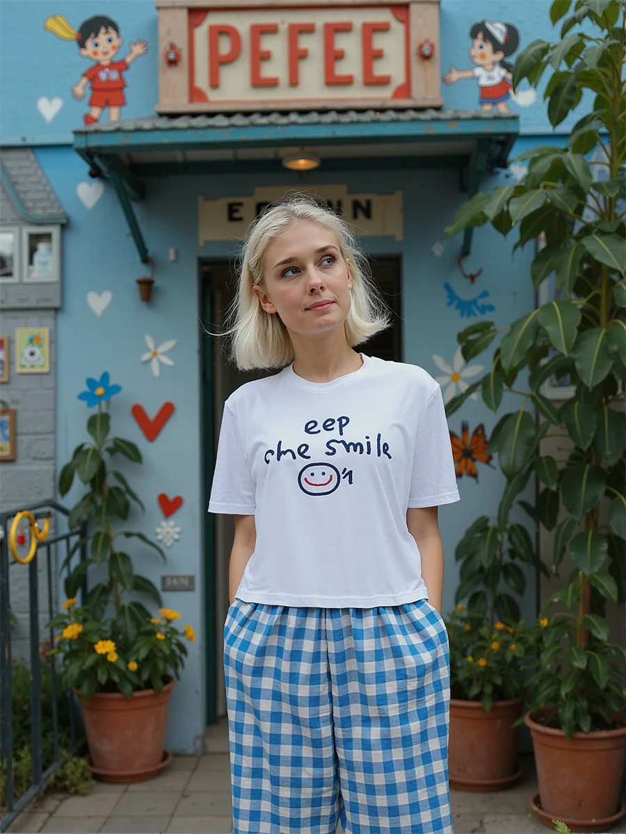 Pantalones Casual Mujer Azul Rosa Cuadros Pierna cónica Diseño en forma de silueta Material suave cómodo Ajuste relajado Uso diario