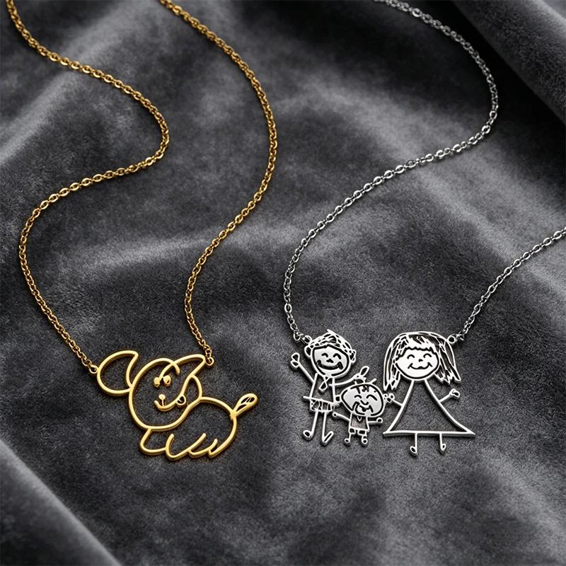Cute Kid's Drawing Painting Customized Pendant Necklace Stainless Steel Personalized Children Artwork Necklace for Family Gift