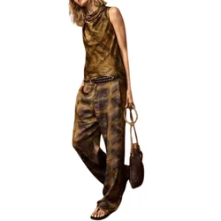 Women's Retro Style Printed Sleeveless Top Casual Versatile Pants Elastic Waist Straight Leg Pants New Clothing