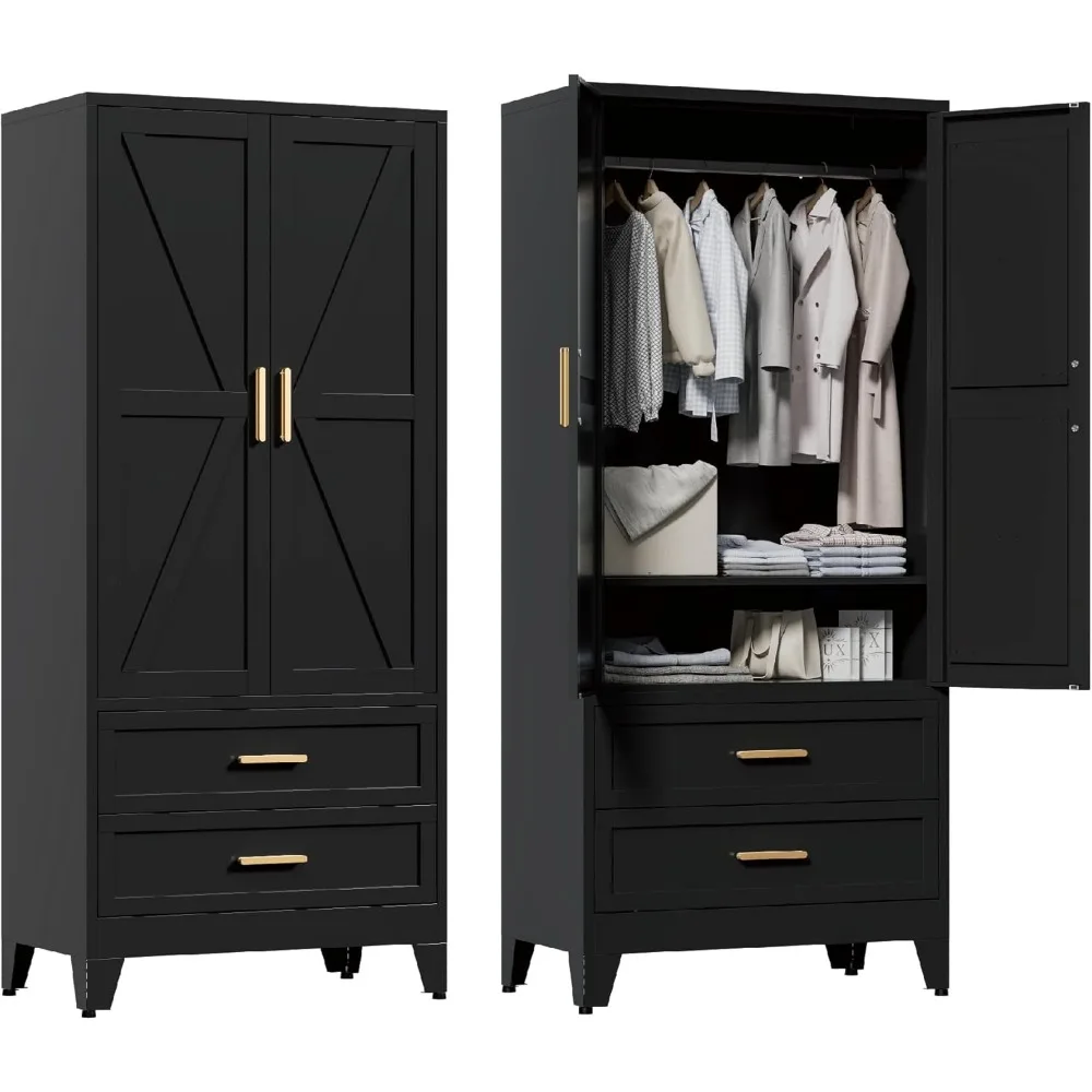 

71'' Farmhouse Metal Wardrobe Cabinet with Hanging Rod, 2 Barn Door Wardrobe Closet with Adjustable Shelves,2 Drawer,for Dining
