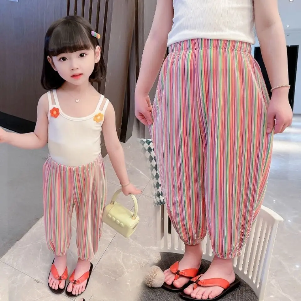 Baby Girl Clothes Suit 2024 Girls Summer Casual Pants Baby Foreign Style Children Personality Fashion  Nine Points Bloomers image 5
