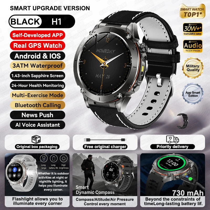 GUHUAVMI 2026 Neue GPS-Smartwatches, 10 ATM wasserdicht, integrierter Dualband-GNSS-Kompass, Militär, Sport, Herren, SWIM-Smartwatch für Android IOS 5