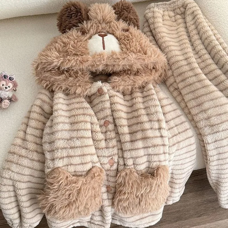 Thickened and Velvet  Winter New Hooded Cartoon Bear Coral Velvet Pajamas Women's Loungewear Set Can Be Worn Outside Pajama Sets