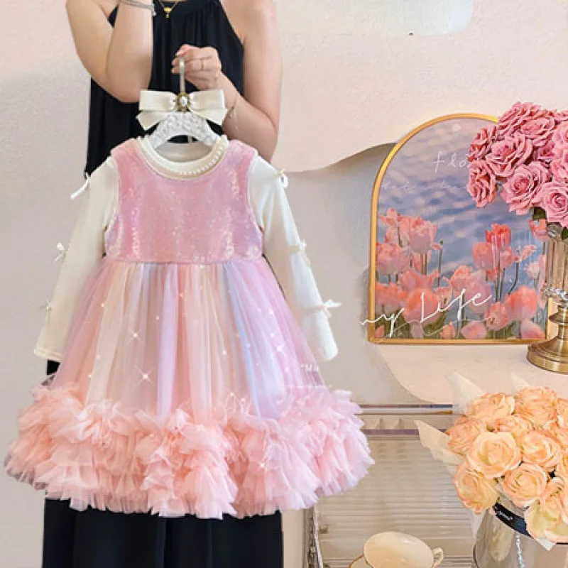 

Girls' Dress Set for Spring and Autumn2026New stylish and fashionable children's princess dress for girls, sequined cake dress
