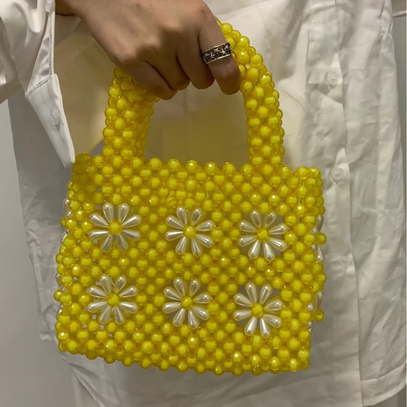 Chrysanthemum Bead Designer Bags Summer New Flower Handmade Woven Tote Bag Sweet Pearl Acrylic Handbags for Women