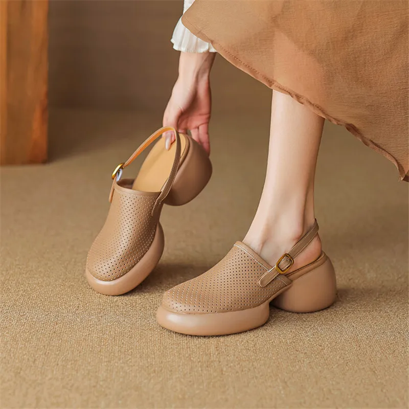 New Summer Sandals Round Toe Hollow Out High Heels Sandals for Women Handmade Platform Sandals Zapatos Mujer Chunky Heel Shoes