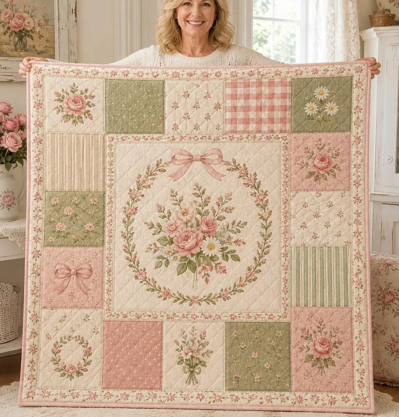 Pink Floral Quilt Blanket Rose Bow Patchwork Blanket, Shabby Chic Baby Girl Room Decor Gift for Her Blanket