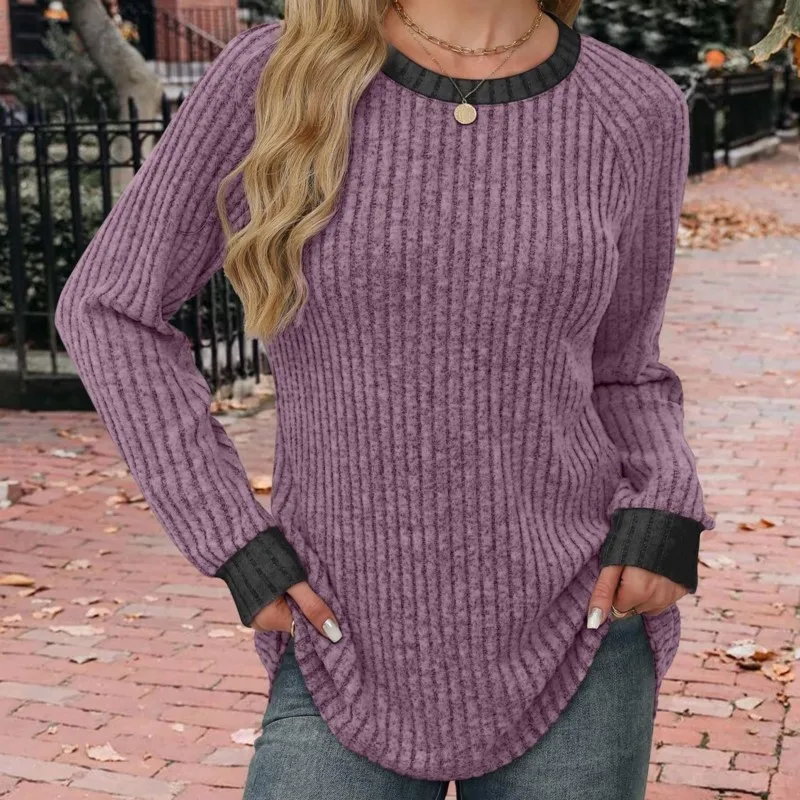 

Casual Woman For Sweater Autumn Winter Loose Color Matching Round Neck Female Top Simple Versatile Vertical Lines Lady Pullover