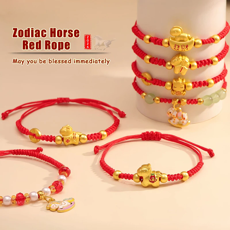 Chinese Style 2026 Horse Year Zodiac Bracelet For Women Men Lucky Hand-woven Red Rope Bracelet New Year Jewelry Party Gift