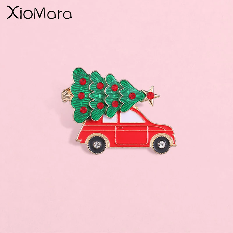 Christmas Car with Tree Enamel Pin, Holiday Rhinestone Xmas Tree Vintage Car Badge, Fashion Accessory, Gift for Christmas Lovers