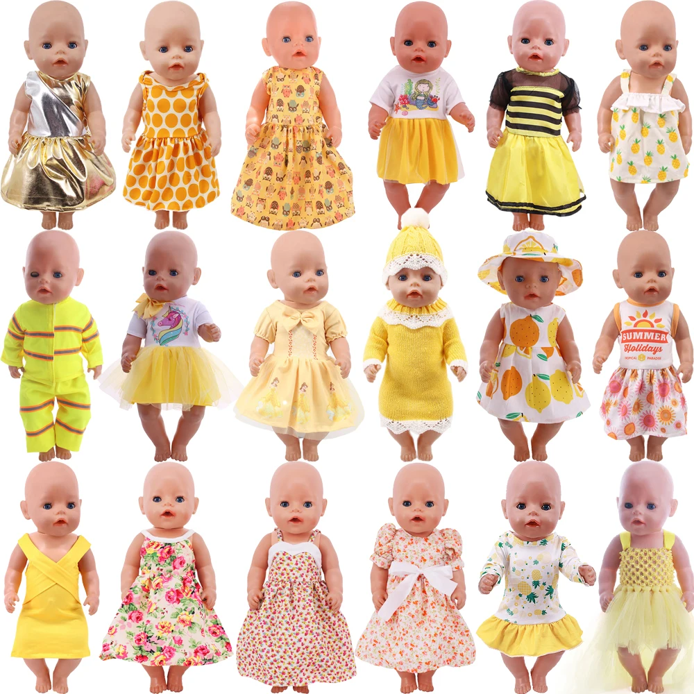 25 Estilos Saia Amarela Roupas de Boneca Para 43 Cm Bebê New Born 18 polegada American Doll Girl's Dress, Nossa Geração Acessórios Brinquedos