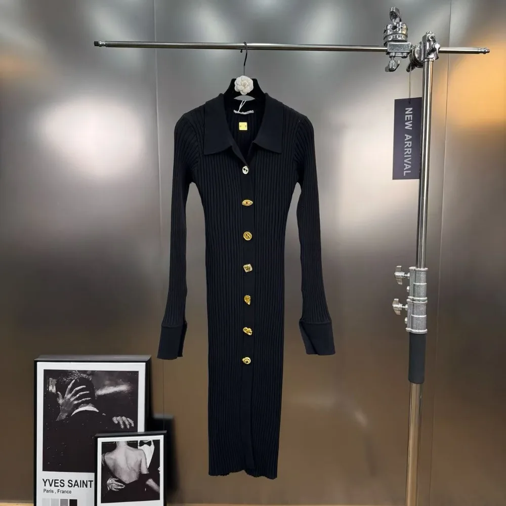 Vestidos largos de estilo Retro francés de CHICEVER para mujer con solapa de manga larga con botones de retazos Delgado elegante vestido de punto nuevo para mujer