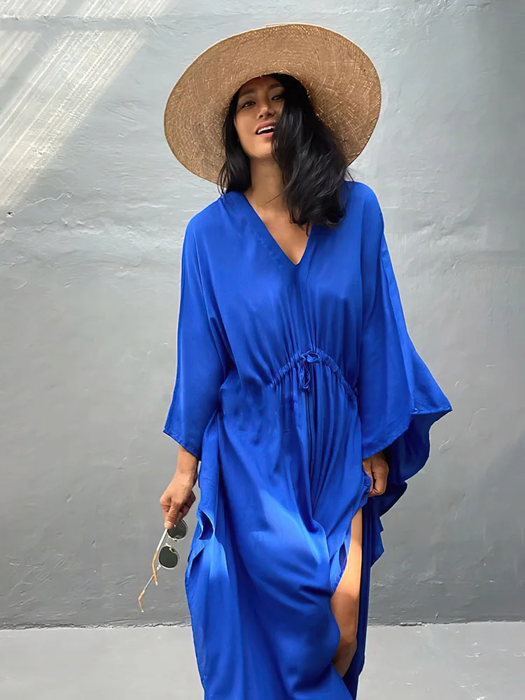 

Blue Women Beach Dress Swimwear Cover-ups Kaftan Sexy V-neck Tunic Long Dresses 2023 Summer Woman Swimsuit Cover Up Beachwear