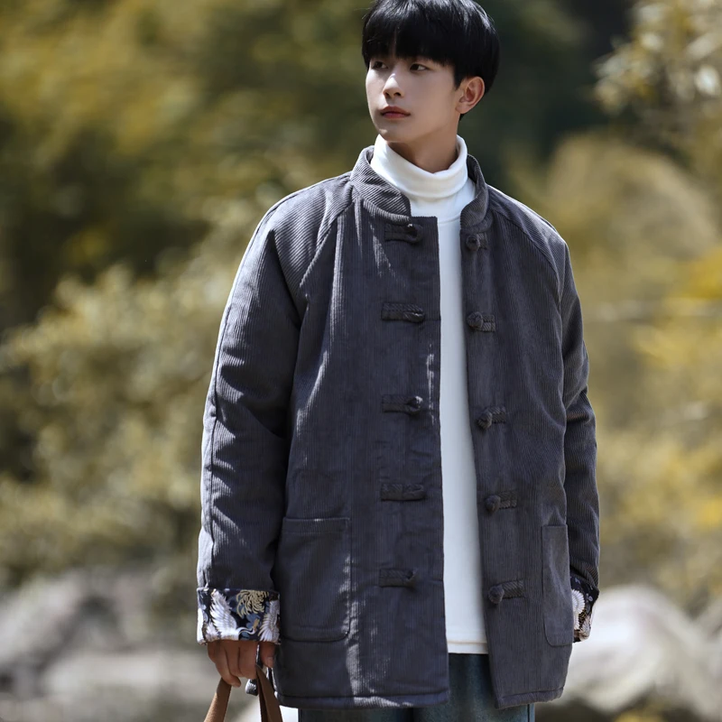 

Зимняя мужская куртка на хлопковой подкладке в стиле ретро, китайский костюм Слей Танг, бархатное пальто, молодежный трендовый длинный пиджак со воротником-стойкой на пуговицах