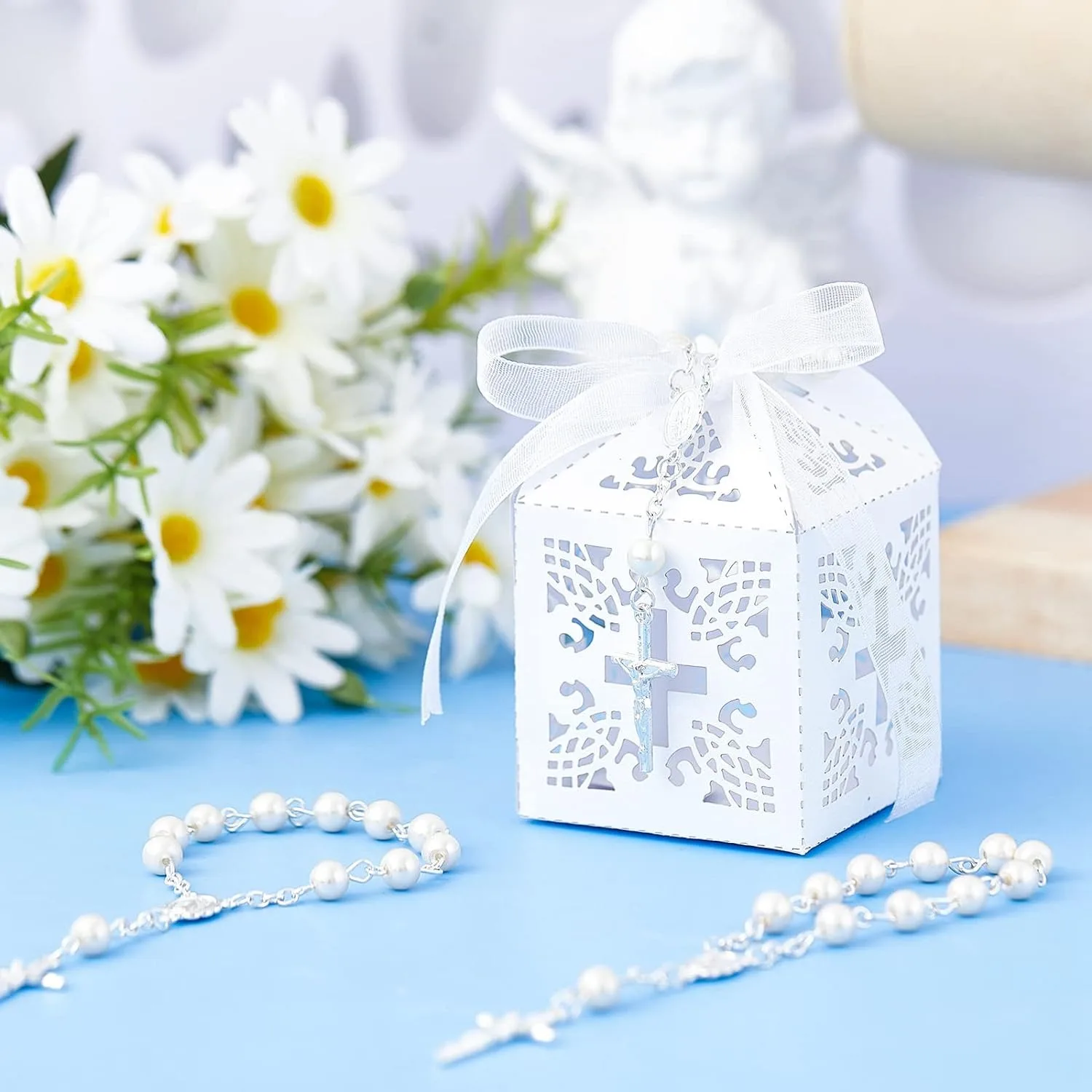 10/20pcs Christening Acrylic Rosary Beads Faux Pearls with Cross Christening Gift Box for Christening Wedding Party Favors