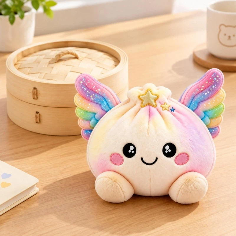 Dumpling Plush Toy for Grabbing, Pressing and Gentle Squeezing with a Coordinated Steamer-Style Display Container 15UB