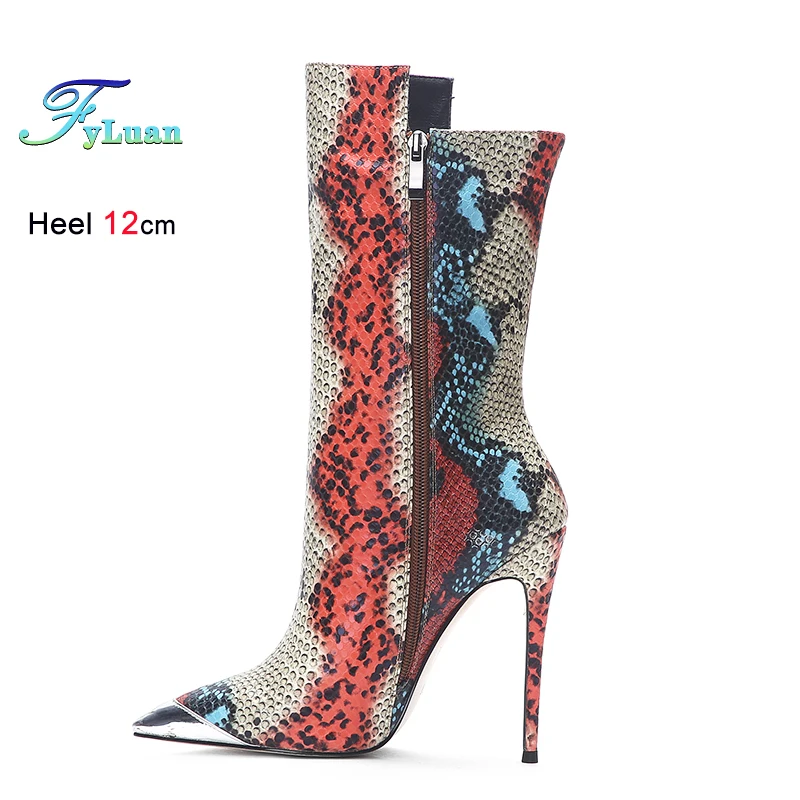 

2025 новейшие короткие ботинки с острым носком, женские модные ботинки со змеиным узором, туфли на шпильке 12 см, осенне-зимняя универсальная элегантная обувь