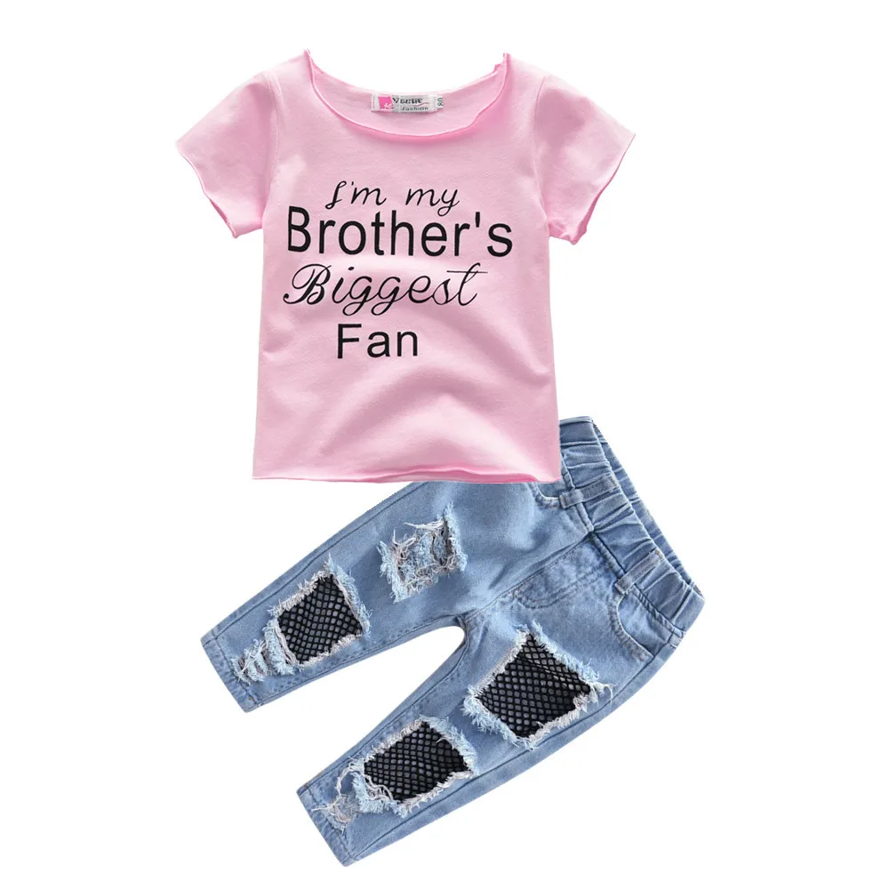 

2024 Summer Kids Clothes Sets Girls Letter Print Short Sleeve T-shirt Top + Ripped Mesh Jeans Children Toddler Casual Clothing