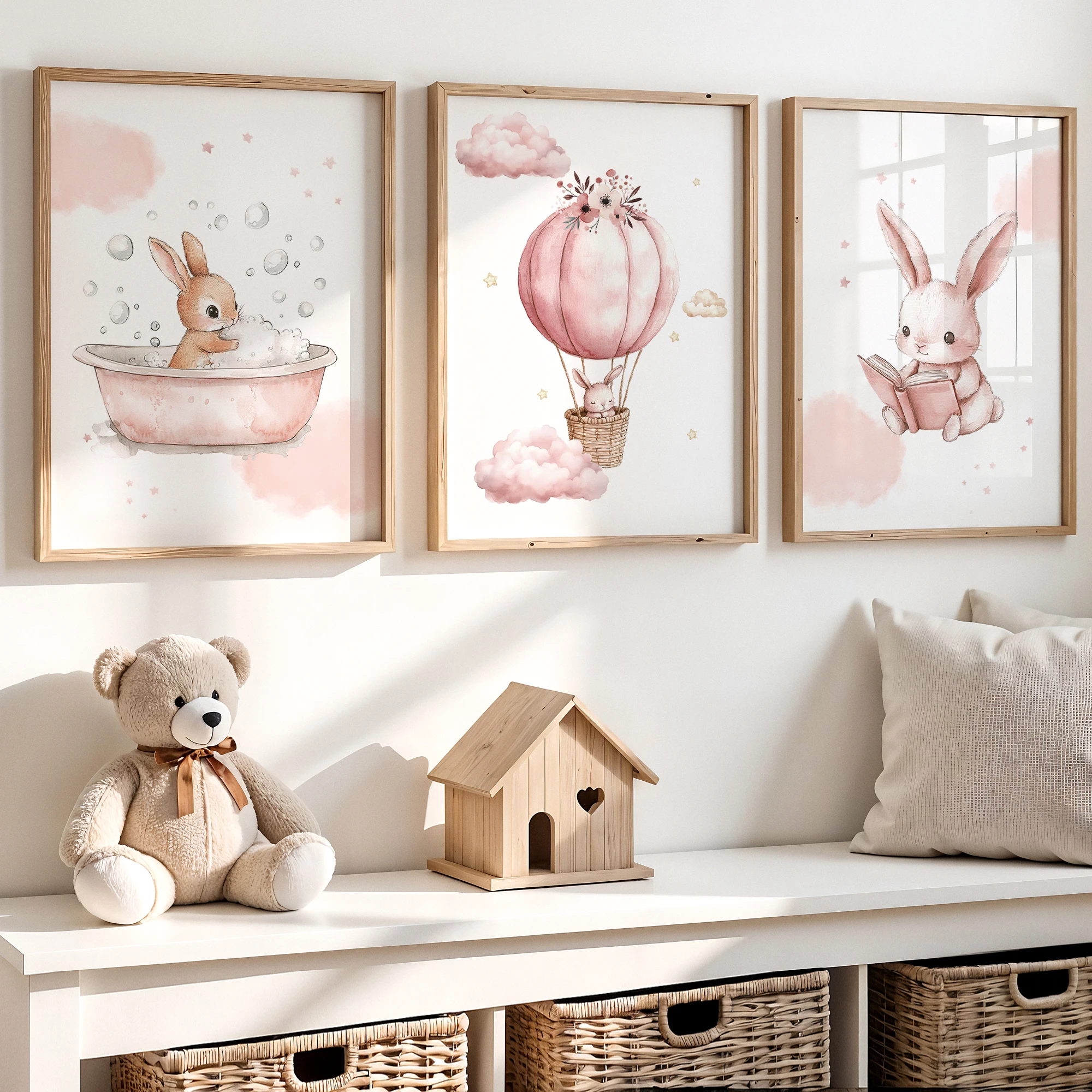 Cartoon Little Pink Rabbit In The Clouds Wall Art Print Canvas Painting Poster Picture For Living Room,Kids Room Home Decor