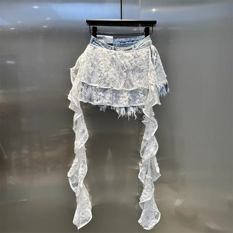 Sexy Spicy Girl Lace Ruffles Patchwork Tassels Hot Denim Shorts Summer Slimming Wide Legs Ribbons Jeans Pants Cowboy Trousers