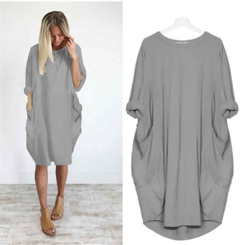 

Plus-size Women's Spring and Summer Best-selling Solid Color Casual Loose Pocket Round Neck Long Sleeve Lantern Dress